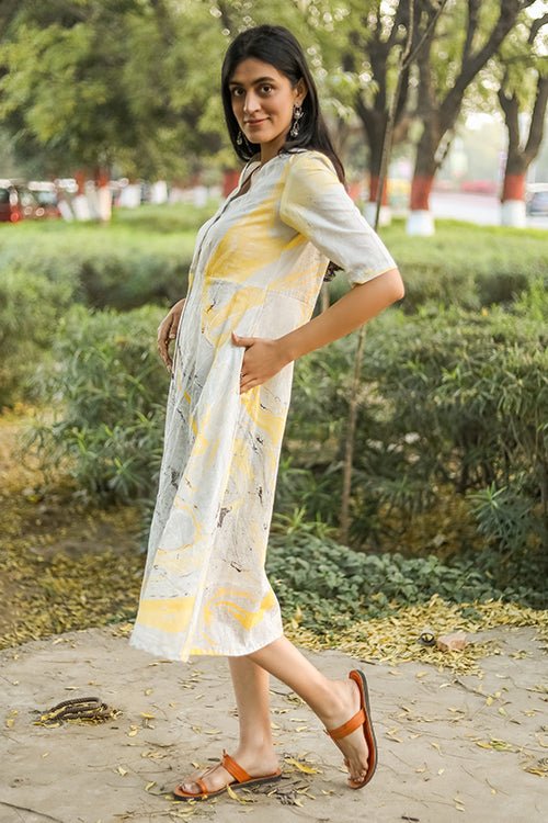 Sootisyahi 'Lemonade' Handmarble Printed Pure Cotton Dress - SootiSyahi