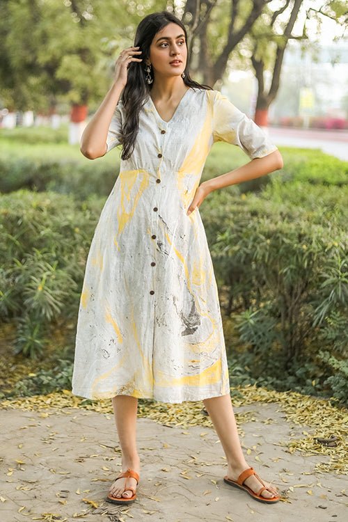 Sootisyahi 'Lemonade' Handmarble Printed Pure Cotton Dress - SootiSyahi