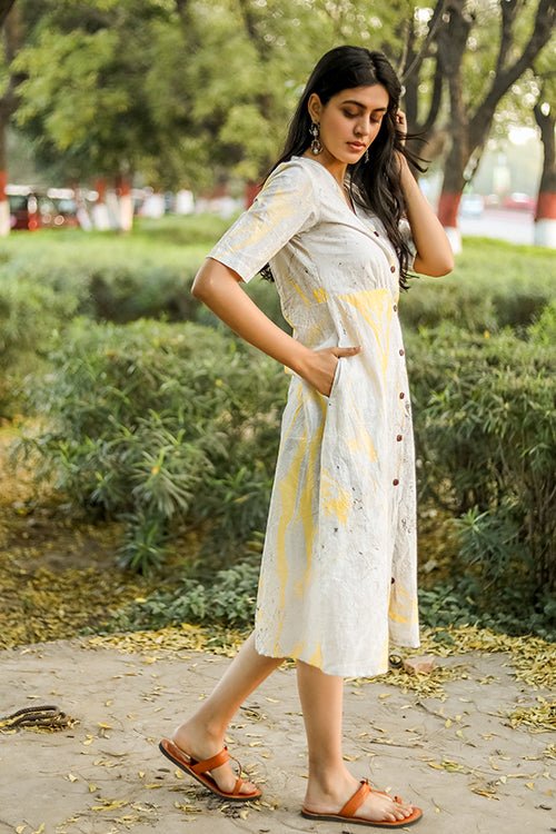 Sootisyahi 'Lemonade' Handmarble Printed Pure Cotton Dress - SootiSyahi