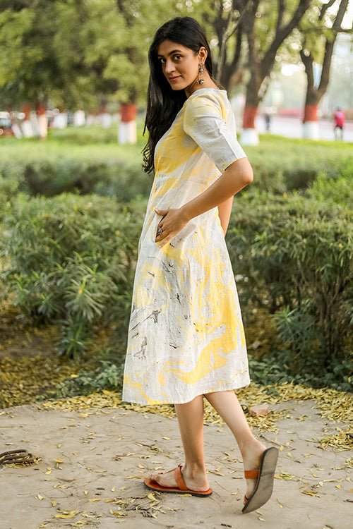 Sootisyahi 'Lemonade' Handmarble Printed Pure Cotton Dress - SootiSyahi