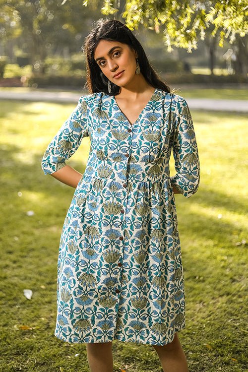 Sootisyahi 'Lotus in the lake' Azofree Handblock Printed Pure Cotton Dress - SootiSyahi