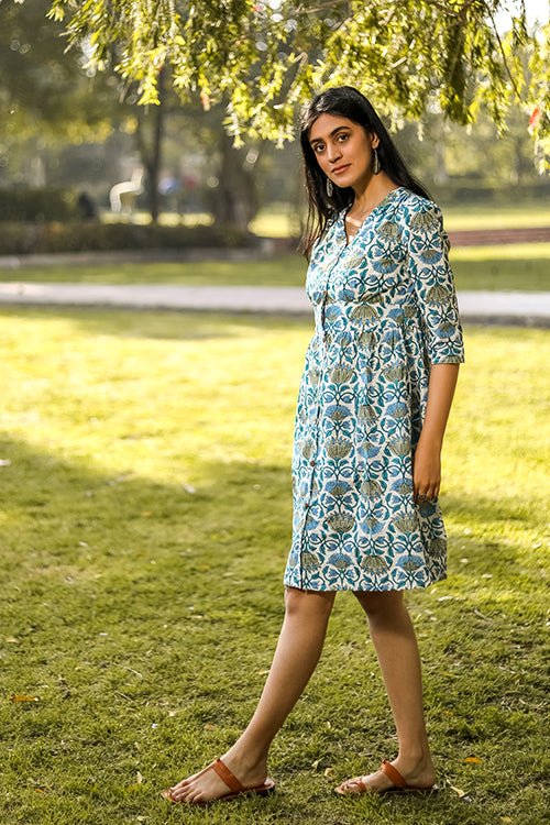 Sootisyahi 'Lotus in the lake' Azofree Handblock Printed Pure Cotton Dress - SootiSyahi