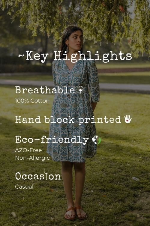 Sootisyahi 'Lotus in the lake' Azofree Handblock Printed Pure Cotton Dress - SootiSyahi