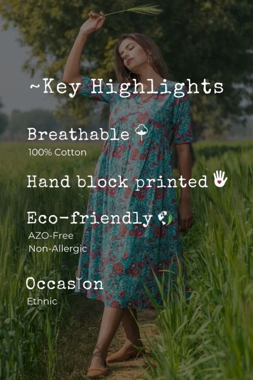 Sootisyahi 'Misty Blush' Azofree Handblock Printed Pure Cotton Dress - SootiSyahi