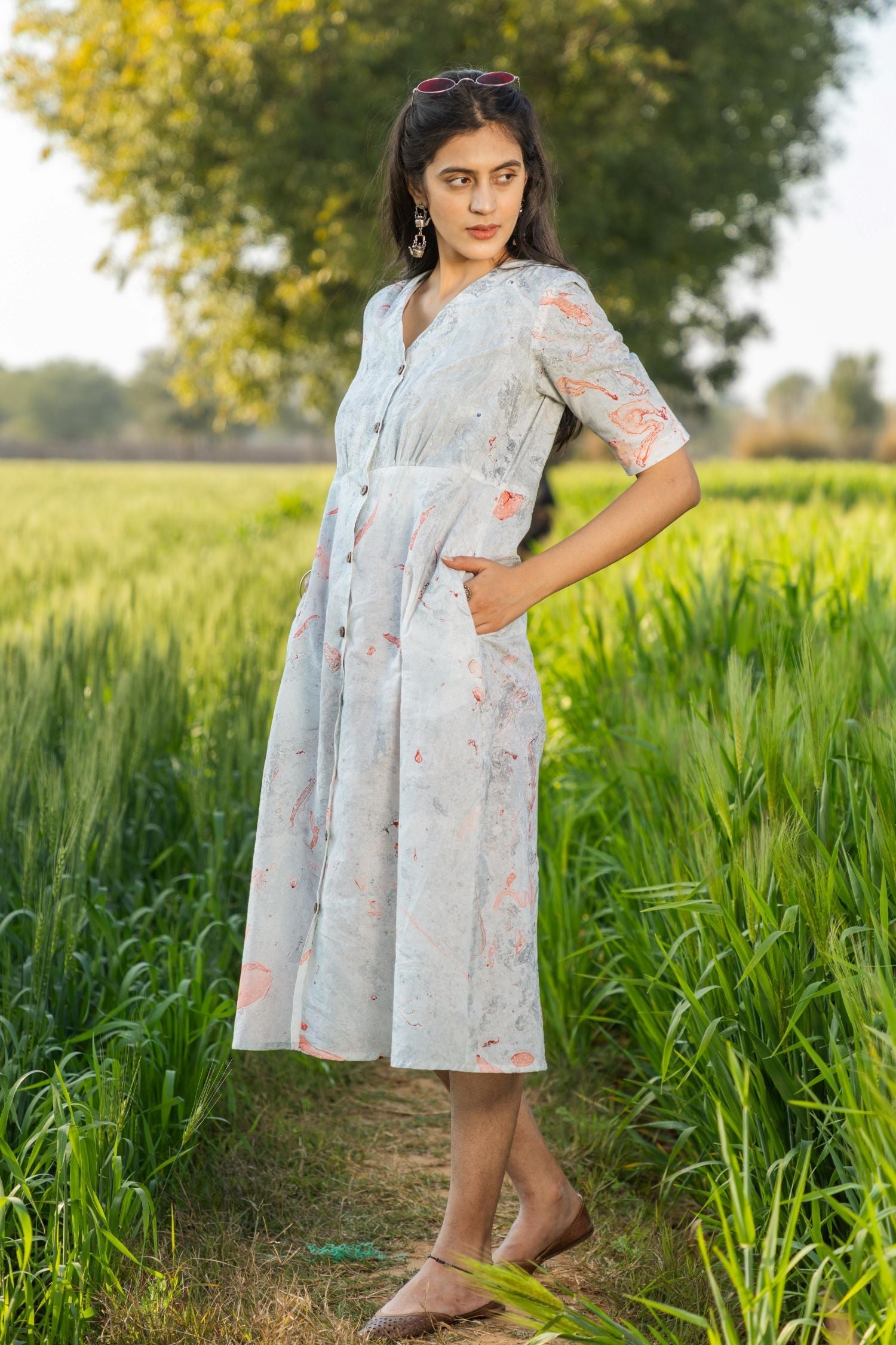 Sootisyahi 'Morning Mist' Handmarble Printed Pure Cotton Dress - SootiSyahi