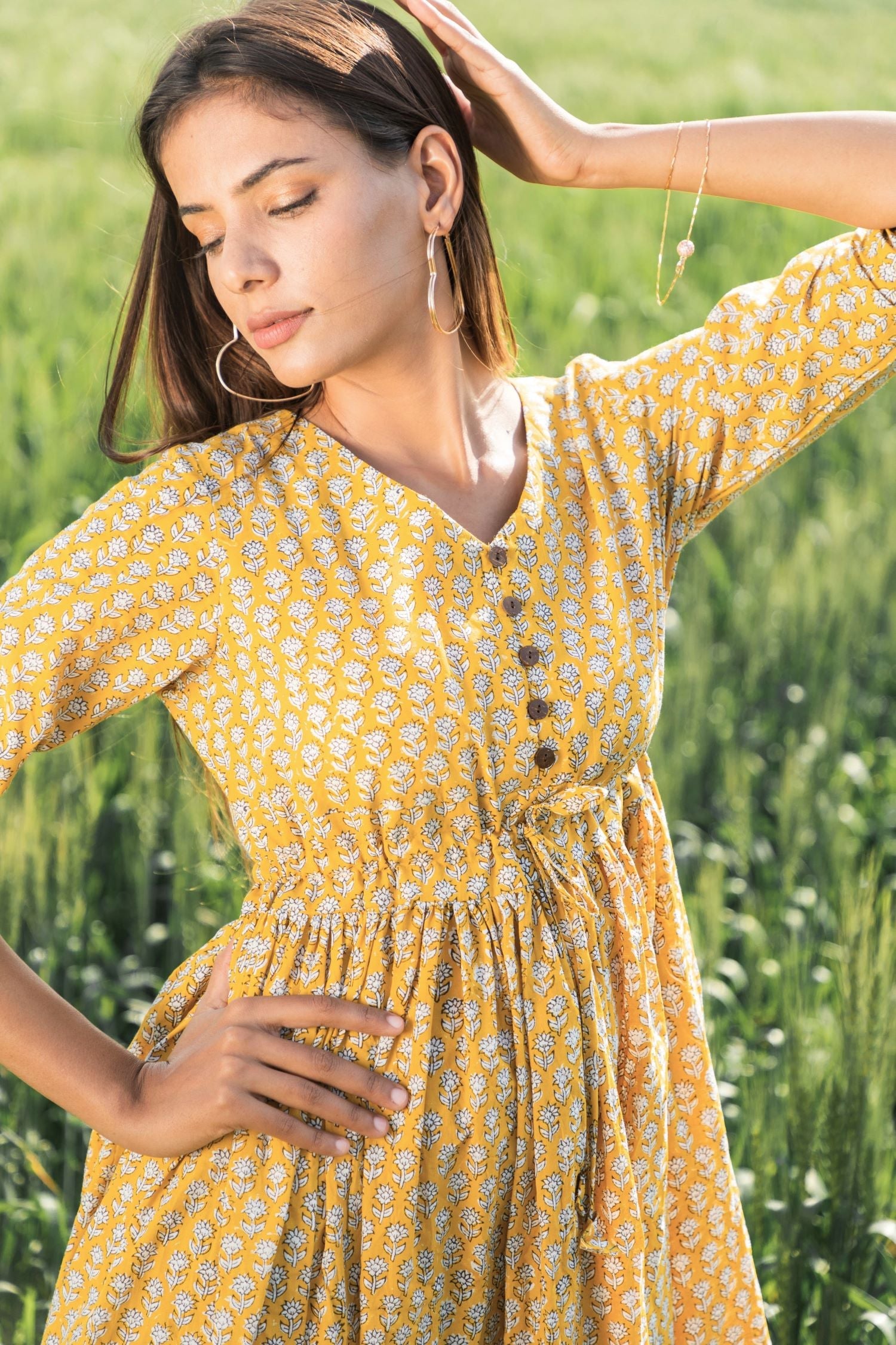 Sootisyahi 'Mustard Medow' Azofree Handblock Printed Pure Cotton Dress - SootiSyahi