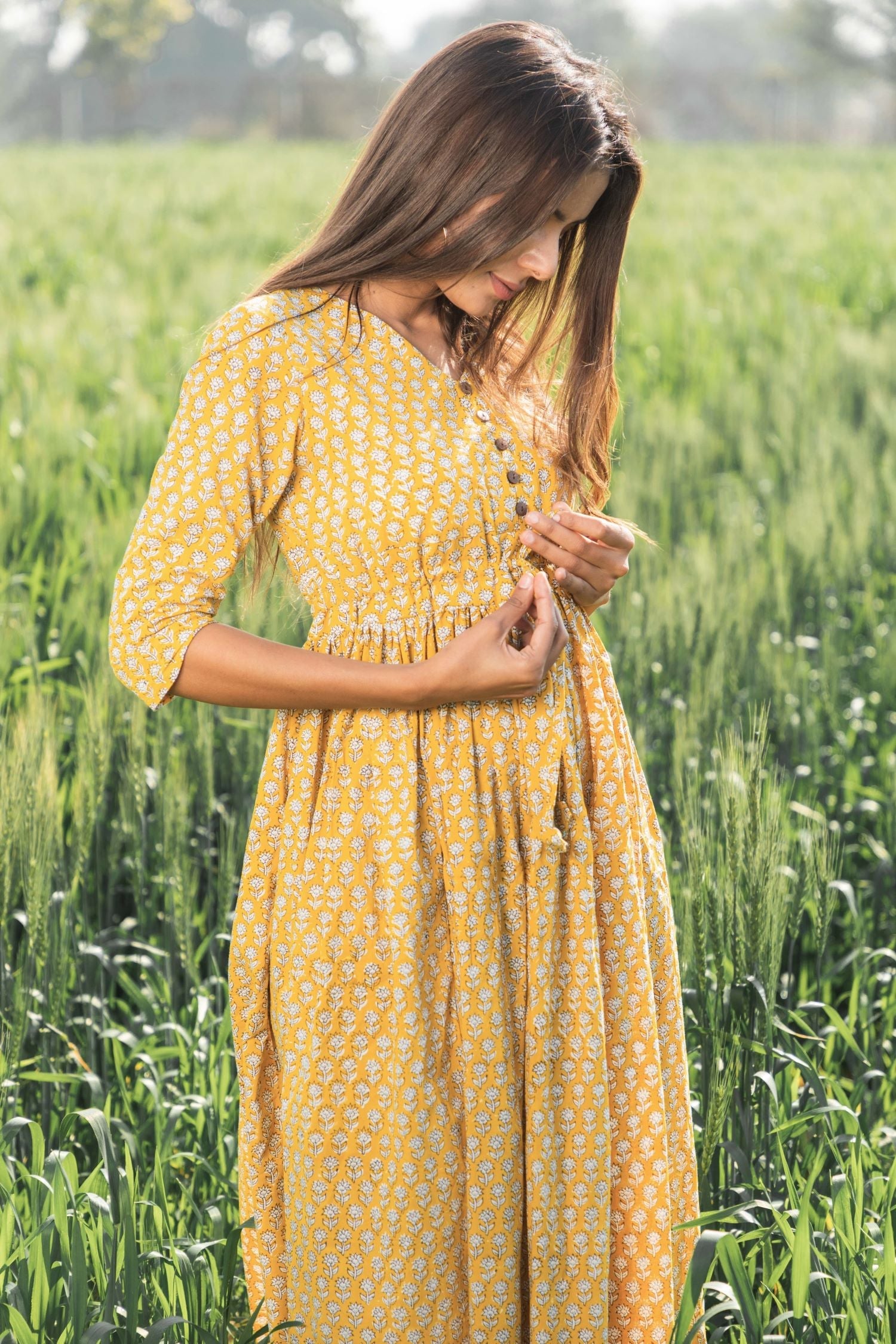 Sootisyahi 'Mustard Medow' Azofree Handblock Printed Pure Cotton Dress - SootiSyahi