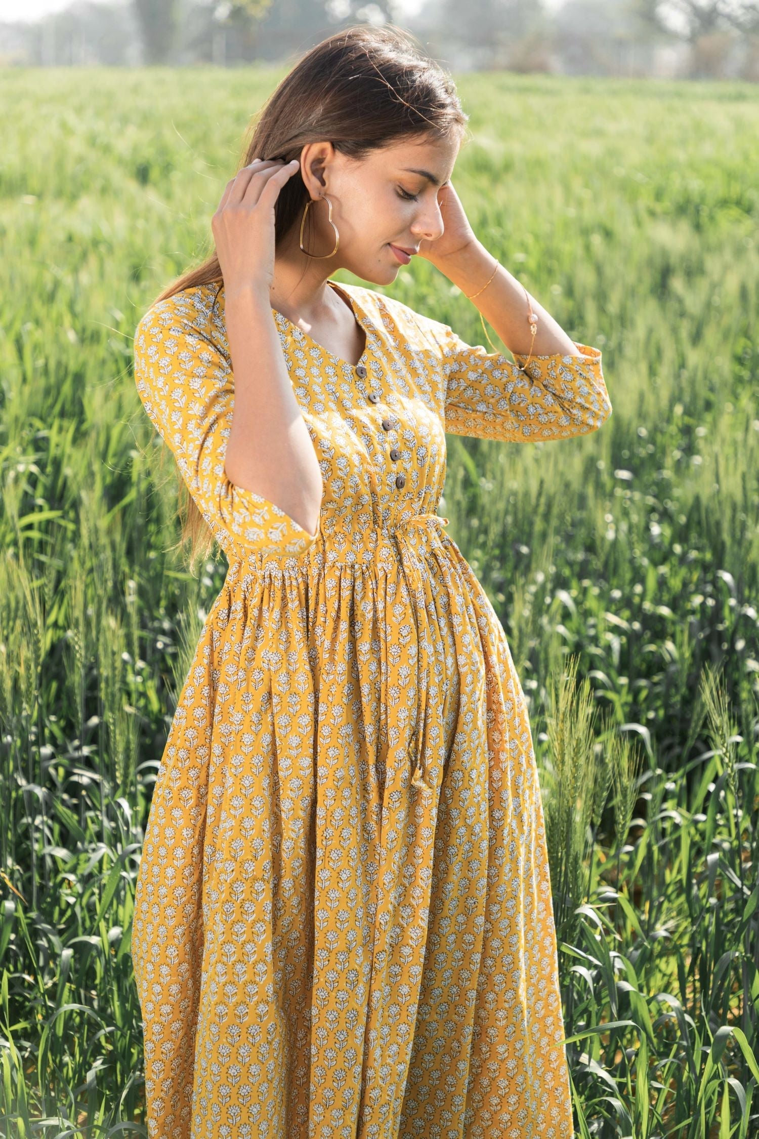 Sootisyahi 'Mustard Medow' Azofree Handblock Printed Pure Cotton Dress - SootiSyahi