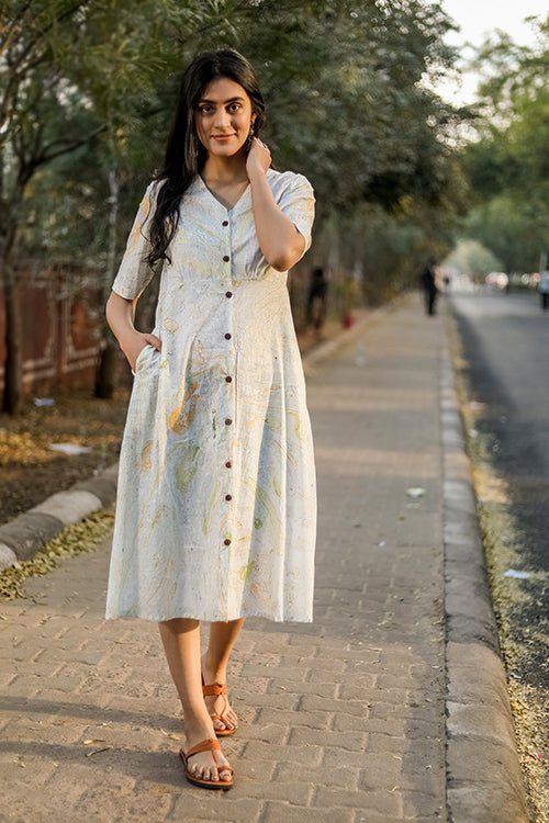 Sootisyahi 'Mystic Flow' Handmarble Printed Pure Cotton Dress - SootiSyahi