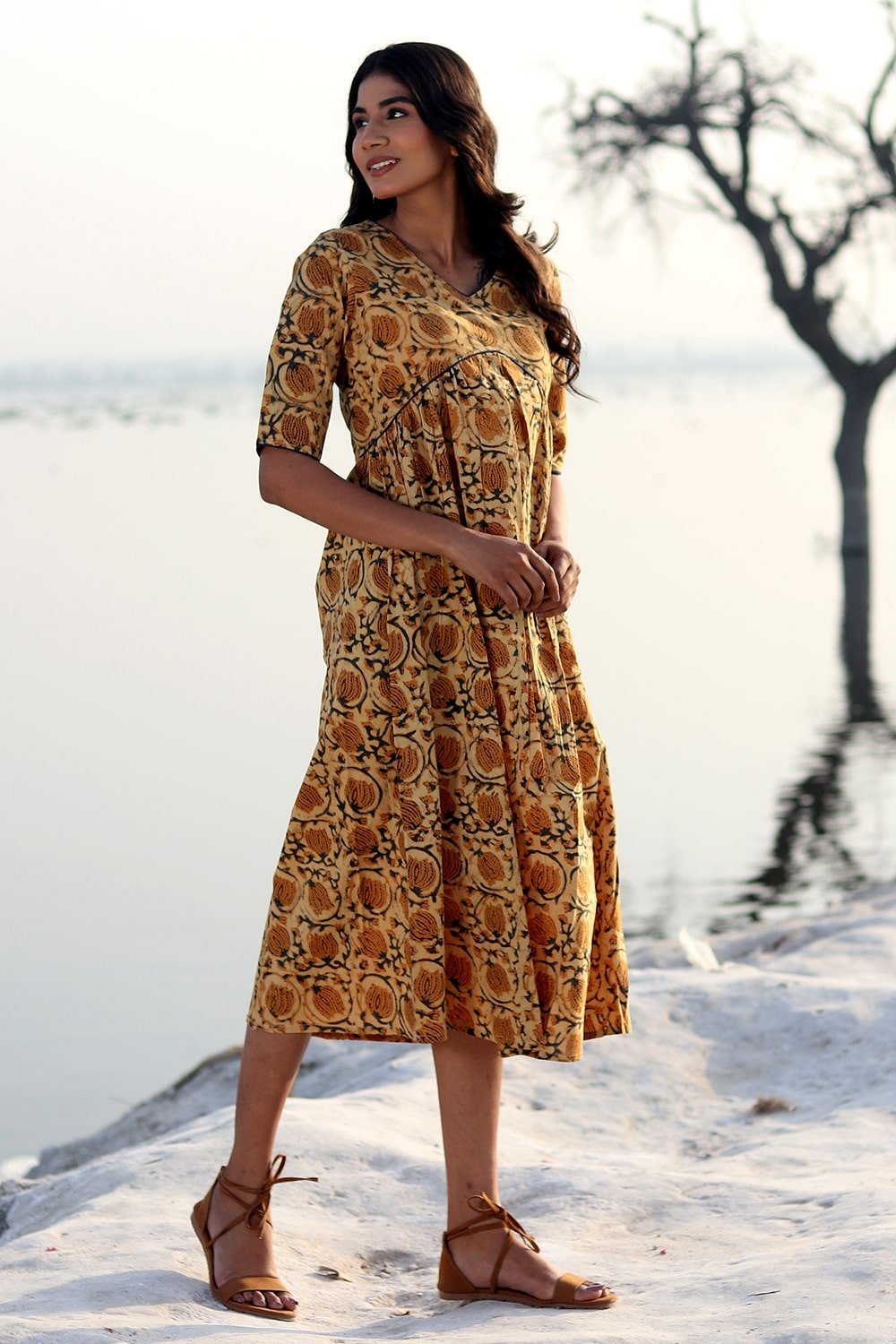 SootiSyahi 'Natural Bliss' Block Printed Cotton Dress - SootiSyahi