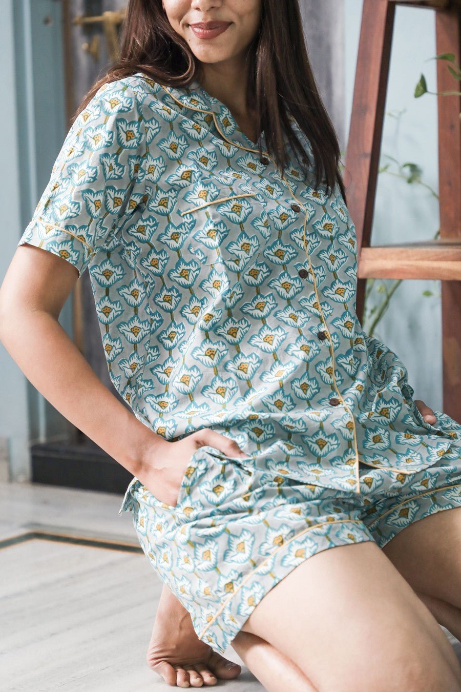 Sootisyahi 'Pastel Petals' Azofree Handblock Printed Pure Cotton Night Suit - SootiSyahi