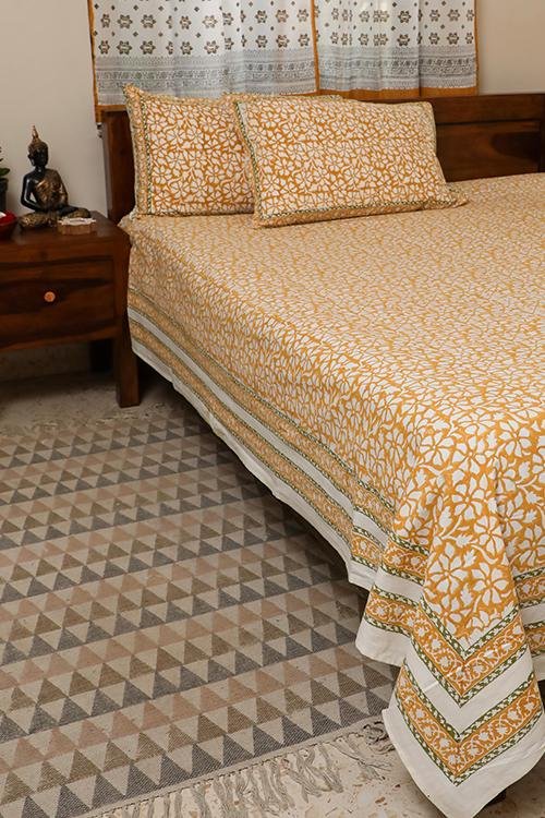 Sootisyahi 'Peet Pushp' Handblock Printed Cotton Bedsheet - SootiSyahi