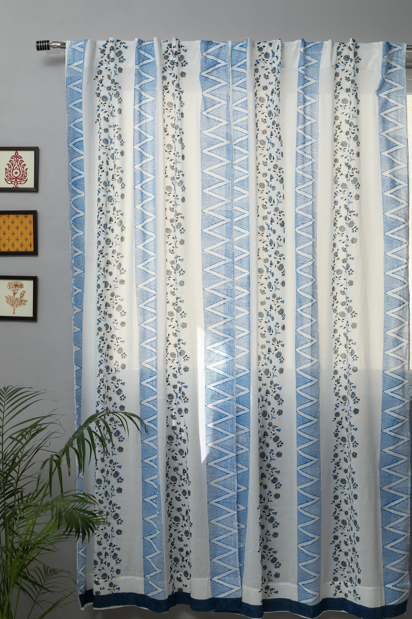 SootiSyahi 'Philippine Blue' Handblock Printed Cotton Door Curtain - SootiSyahi