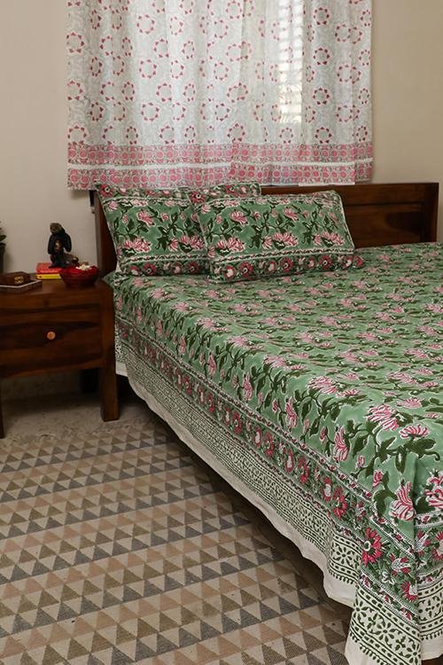 Sootisyahi 'Planet Green' Handblock Printed Cotton Bedsheet - SootiSyahi