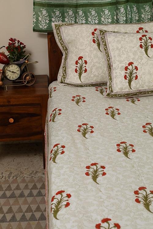 Sootisyahi 'Red Daisy ' Handblock Printed Cotton Bedsheet - SootiSyahi