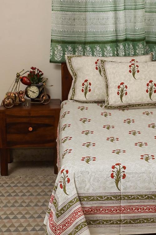 Sootisyahi 'Red Daisy ' Handblock Printed Cotton Bedsheet - SootiSyahi