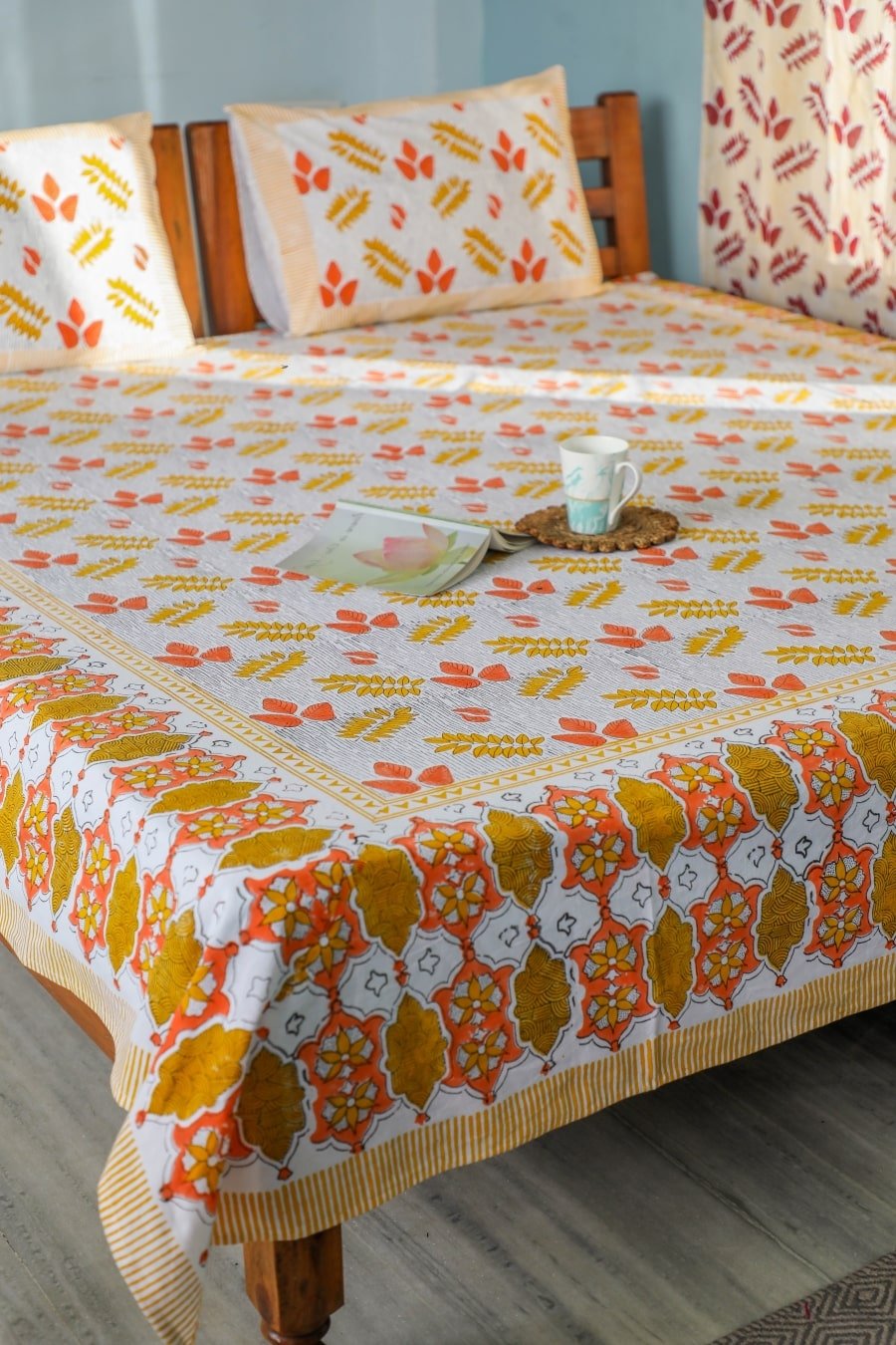 SootiSyahi 'Red Leaves' Handblock Printed Cotton Bedsheet - SootiSyahi