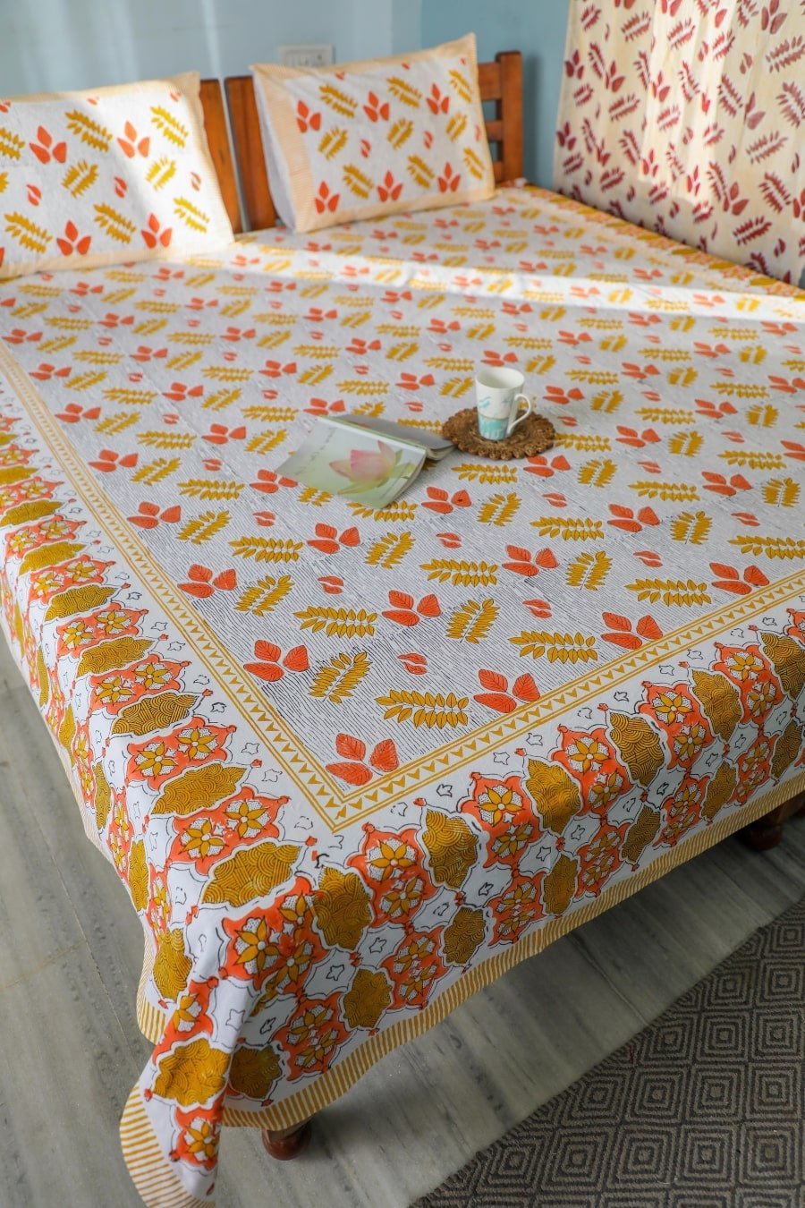 SootiSyahi 'Red Leaves' Handblock Printed Cotton Bedsheet - SootiSyahi
