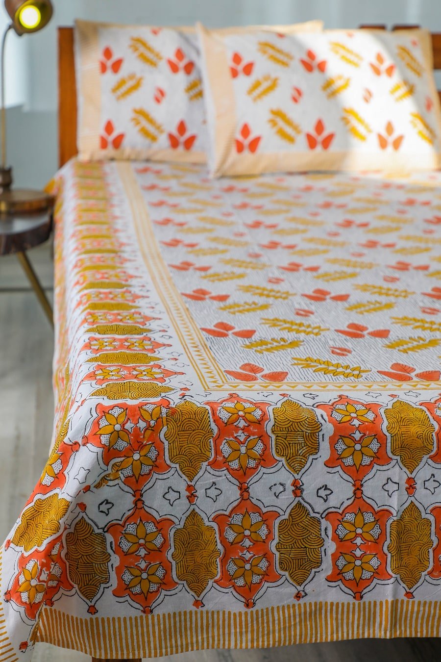 Handblock Printed Cotton Bed Sheets Online SootiSyahi Red Leaves