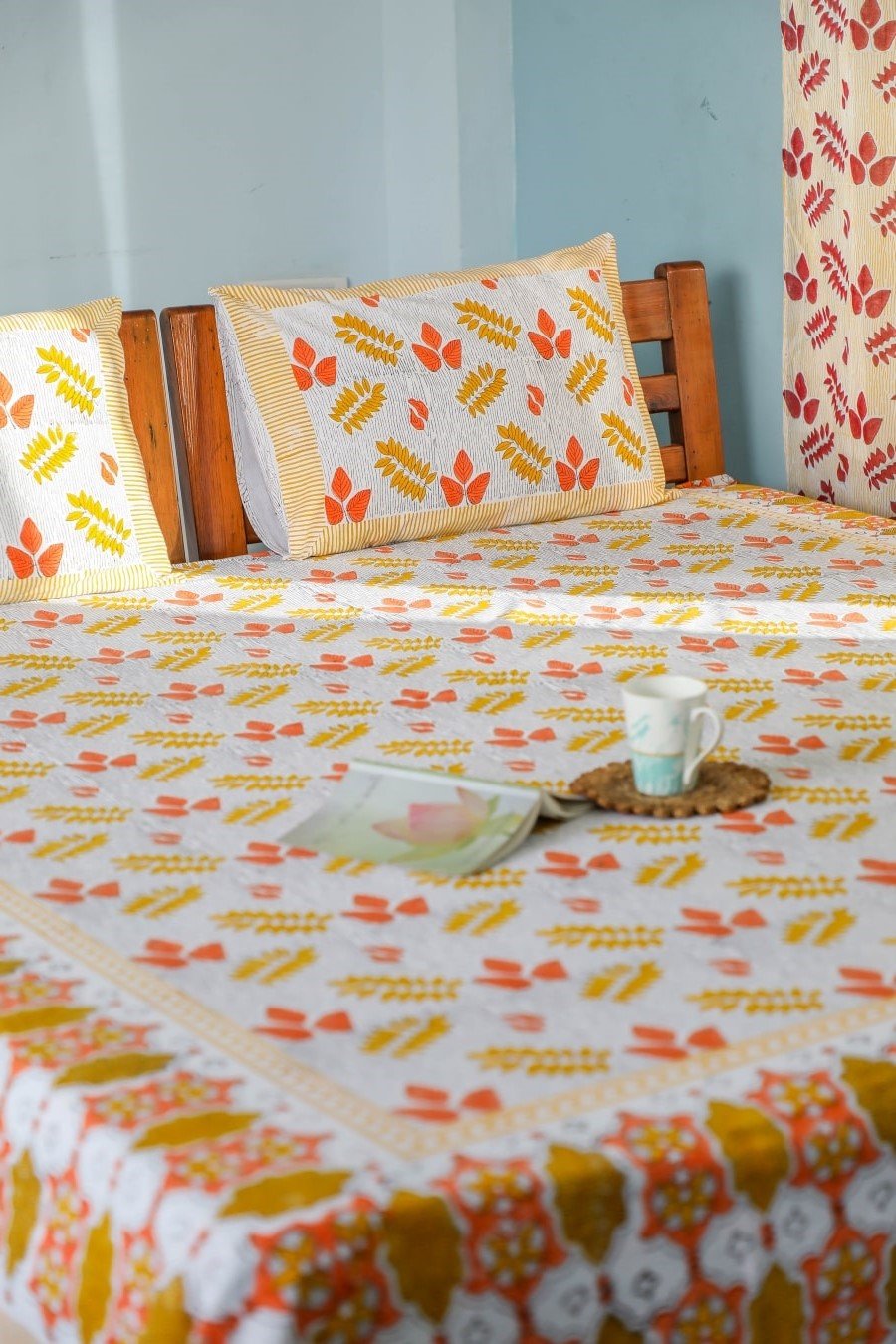 SootiSyahi 'Red Leaves' Handblock Printed Cotton Bedsheet - SootiSyahi