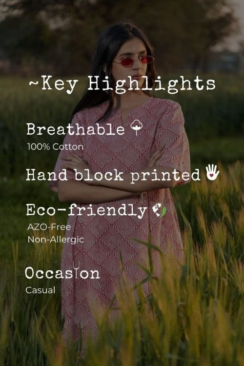 Sootisyahi 'Red-n-Rush' Azofree Handblock Printed Pure Cotton Dress - SootiSyahi