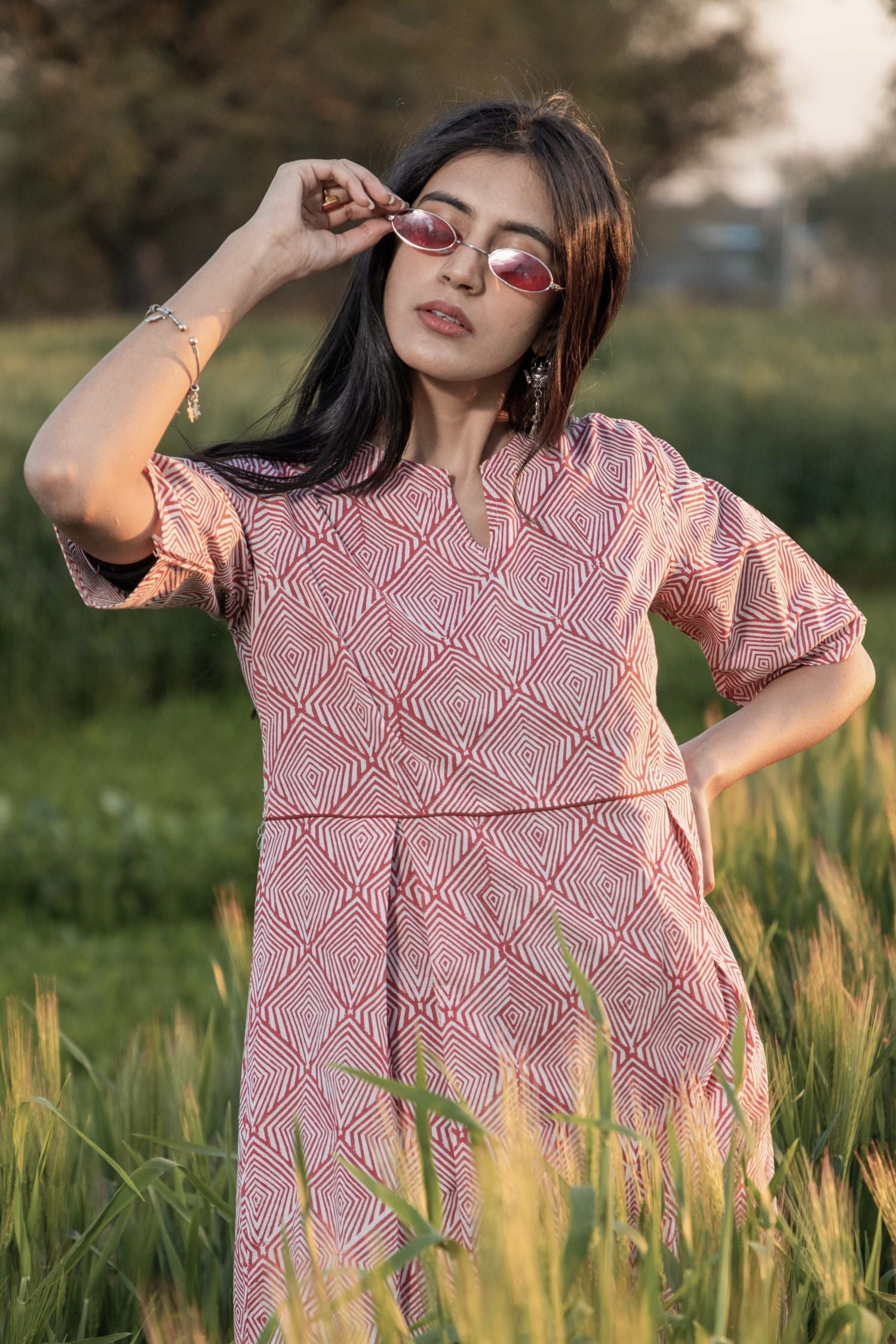 Sootisyahi 'Red-n-Rush' Azofree Handblock Printed Pure Cotton Dress - SootiSyahi