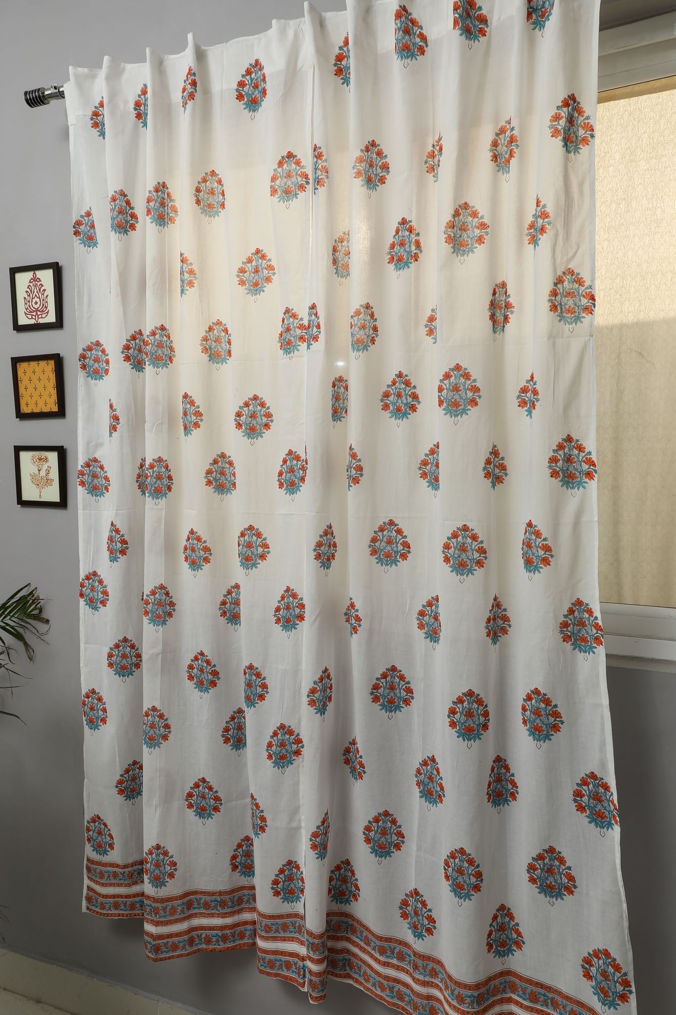 SootiSyahi 'Saffron Daisy' Handblock Printed Cotton Door Curtain - SootiSyahi