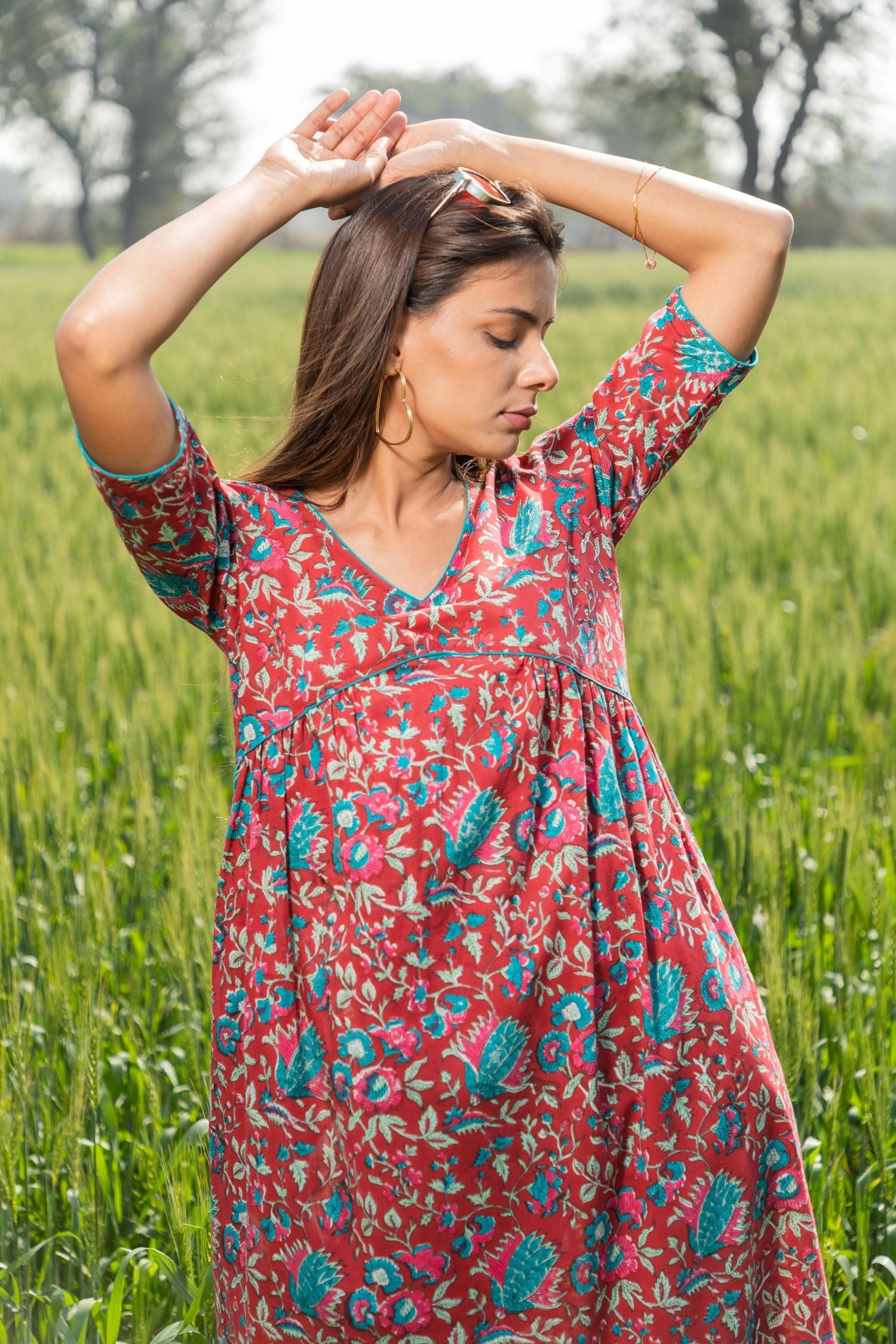 Sootisyahi 'Scarlet-Bee-Balm' Azofree Handblock Printed Pure Cotton Dress - SootiSyahi