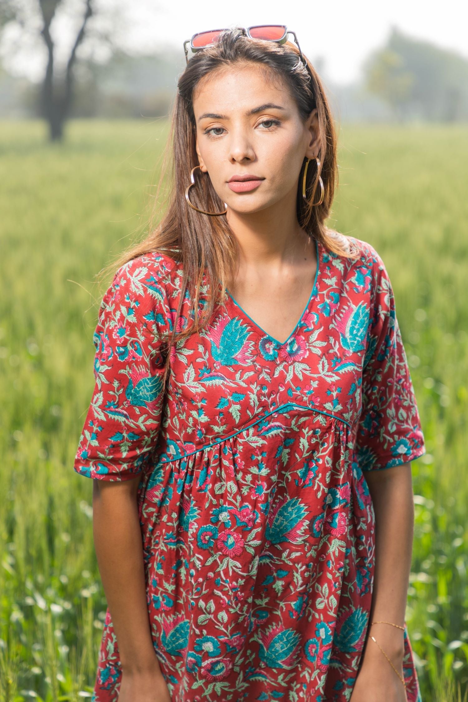 Sootisyahi 'Scarlet-Bee-Balm' Azofree Handblock Printed Pure Cotton Dress - SootiSyahi