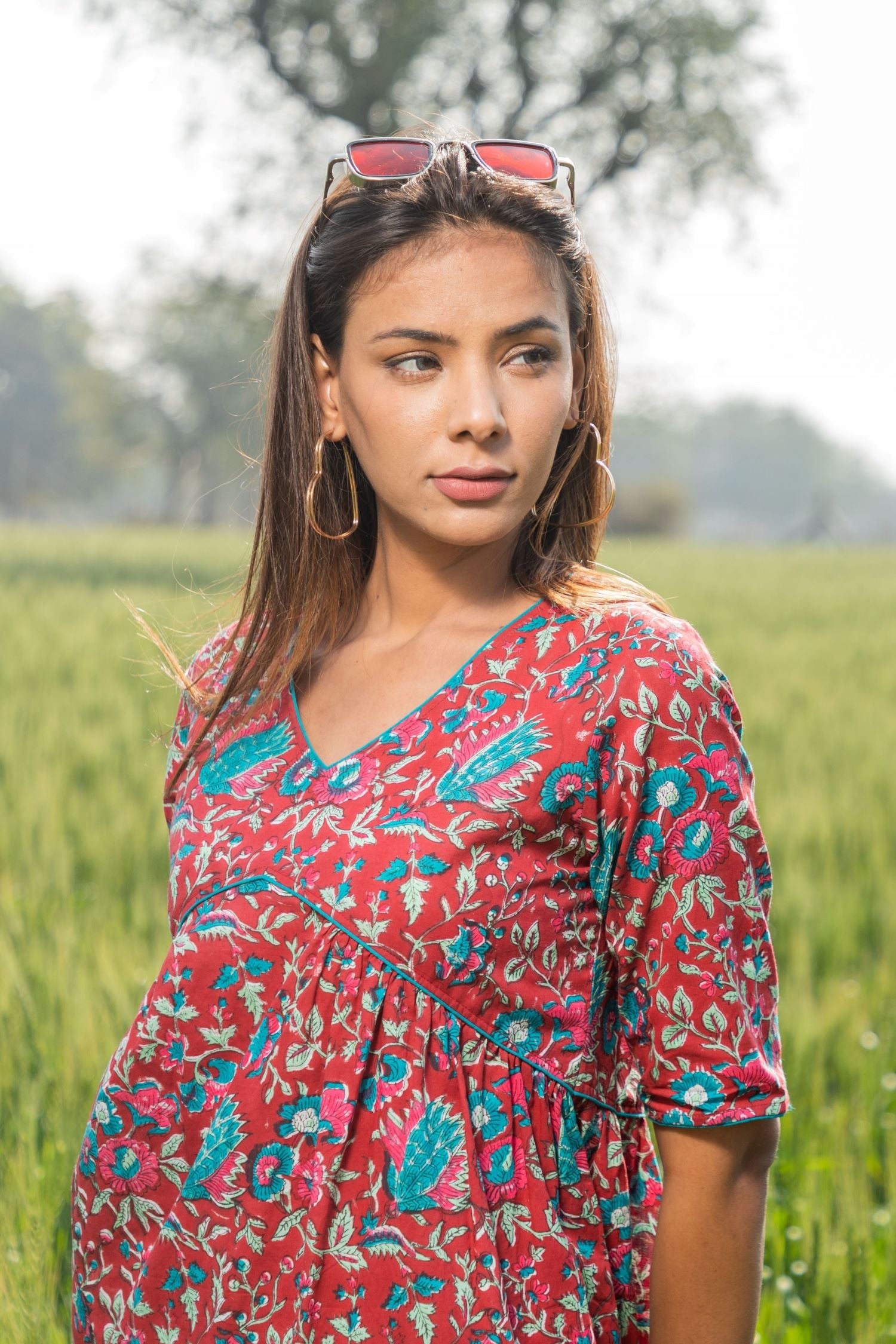 Sootisyahi 'Scarlet-Bee-Balm' Azofree Handblock Printed Pure Cotton Dress - SootiSyahi