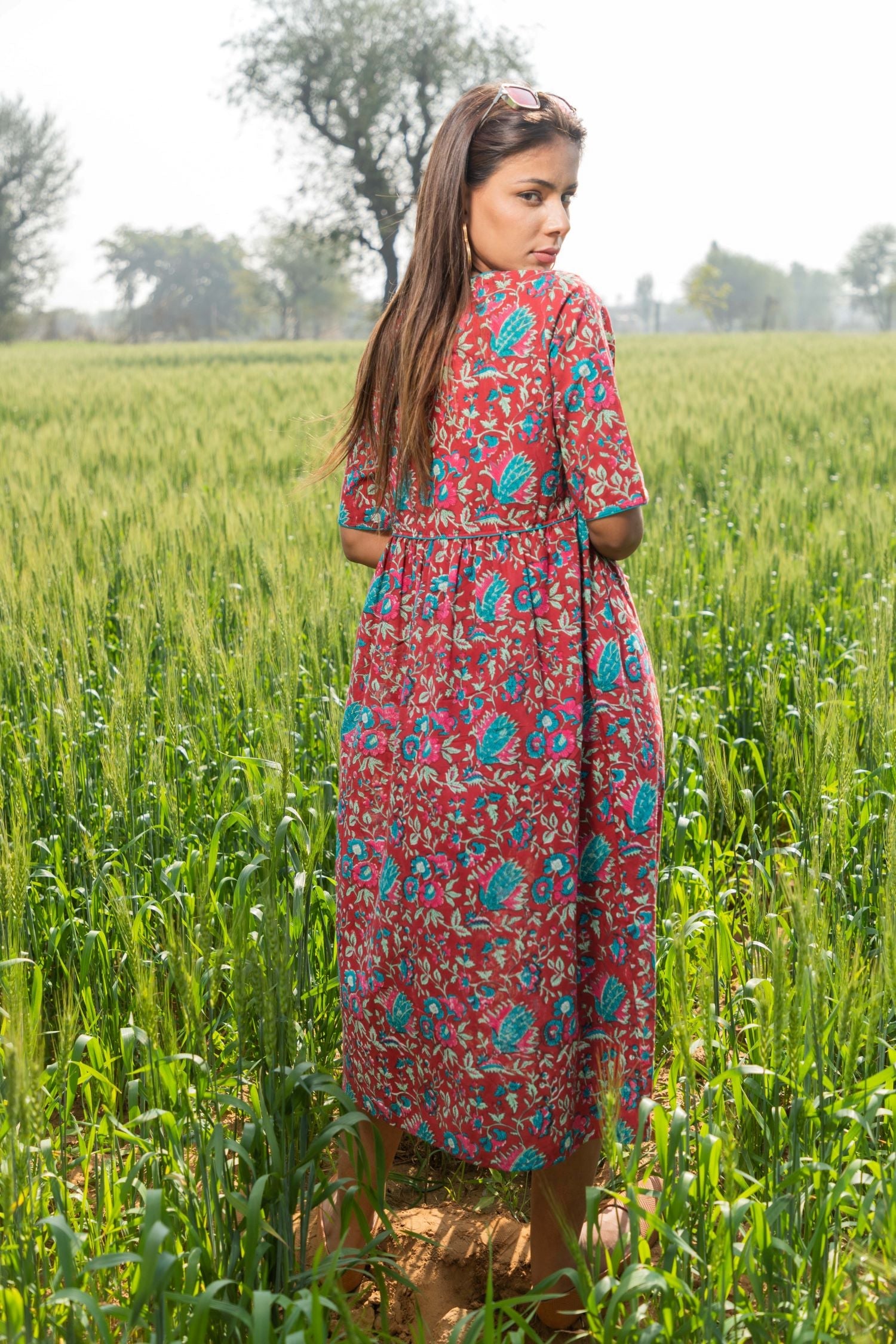 Sootisyahi 'Scarlet-Bee-Balm' Azofree Handblock Printed Pure Cotton Dress - SootiSyahi