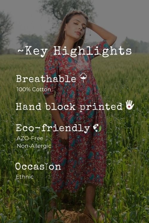 Sootisyahi 'Scarlet-Bee-Balm' Azofree Handblock Printed Pure Cotton Dress - SootiSyahi