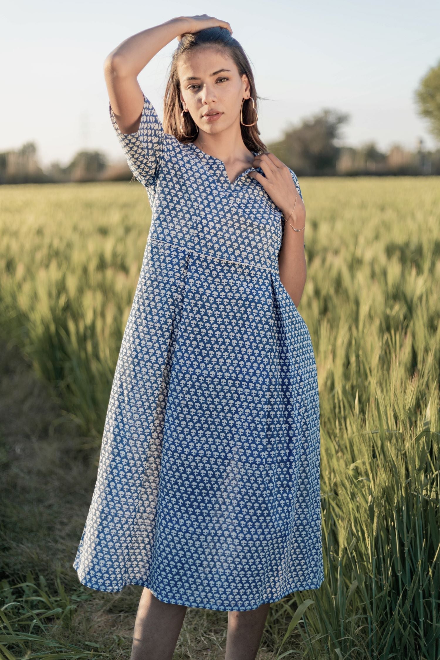 Sootisyahi 'Sea Blue' Azofree Handblock Printed Pure Cotton Dress - SootiSyahi