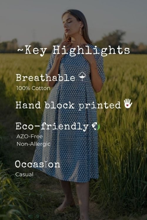 Sootisyahi 'Sea Blue' Azofree Handblock Printed Pure Cotton Dress - SootiSyahi