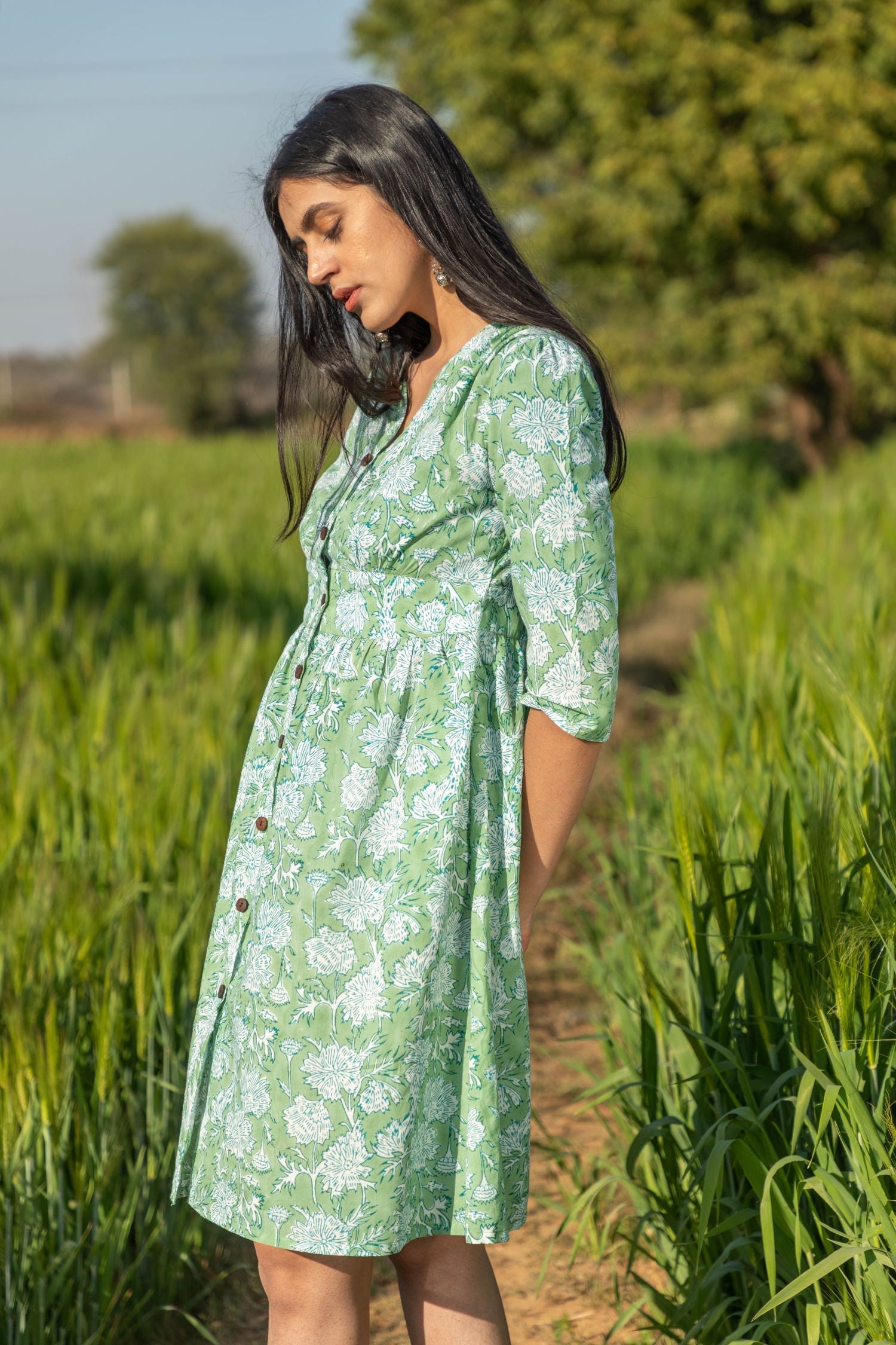 Sootisyahi 'Sea Sage' Azofree Handblock Printed Pure Cotton Dress - SootiSyahi