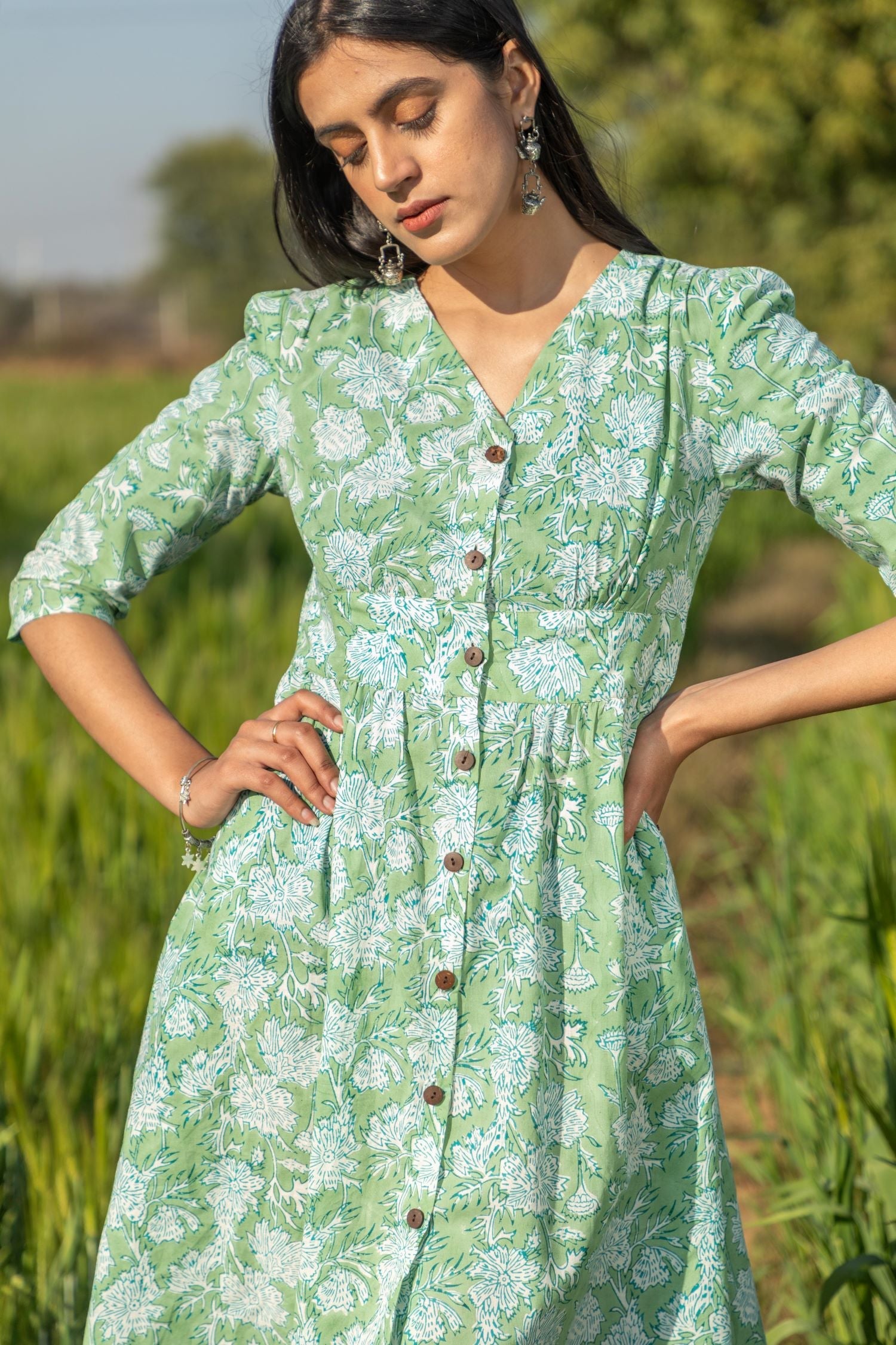 Sootisyahi 'Sea Sage' Azofree Handblock Printed Pure Cotton Dress - SootiSyahi