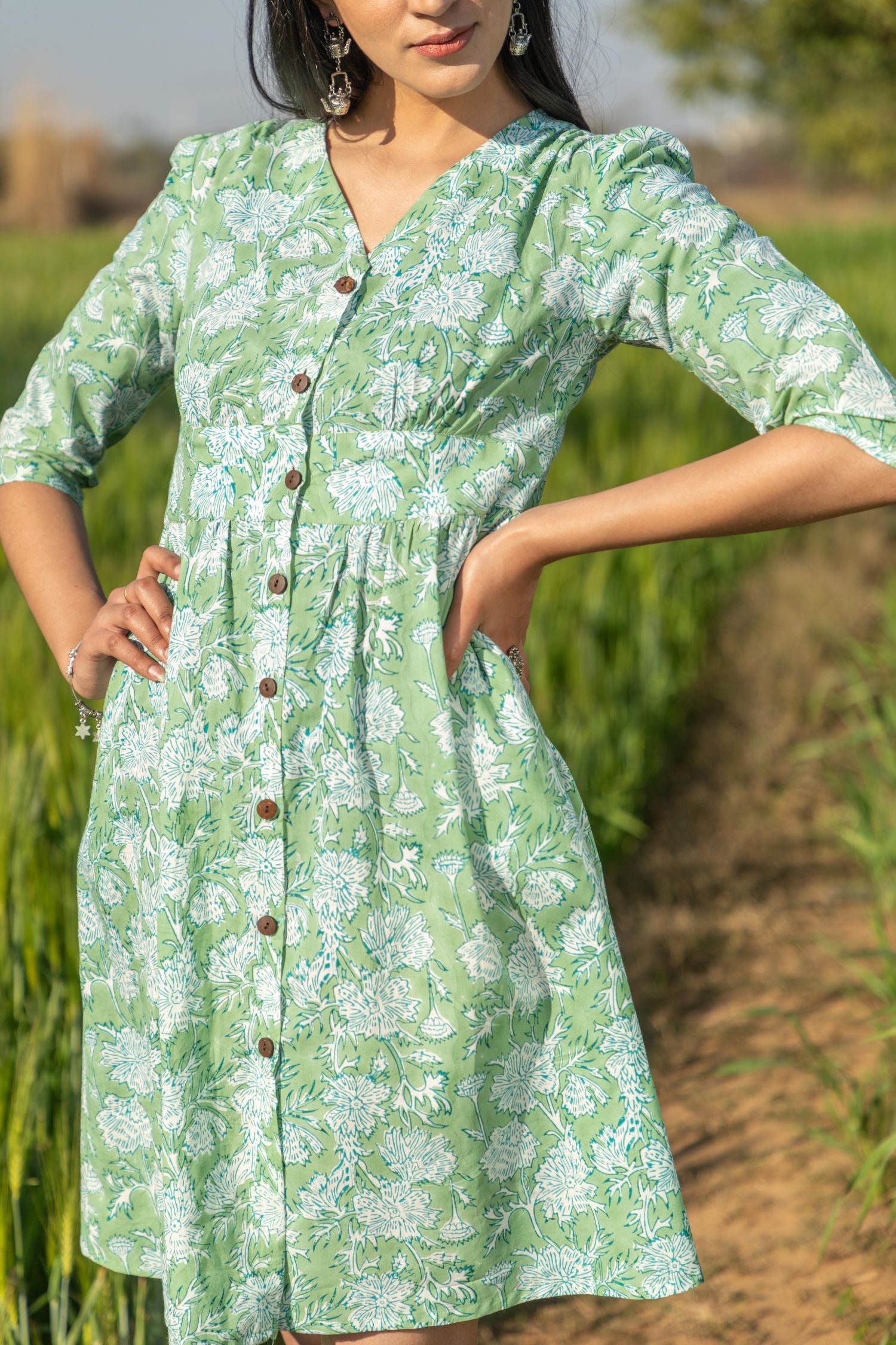 Sootisyahi 'Sea Sage' Azofree Handblock Printed Pure Cotton Dress - SootiSyahi