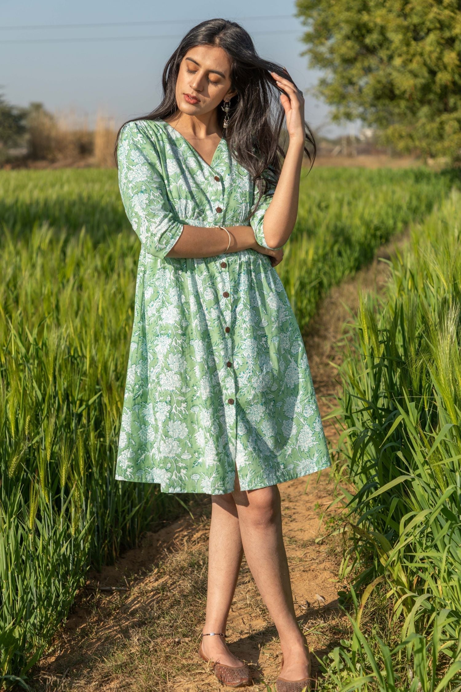 Sootisyahi 'Sea Sage' Azofree Handblock Printed Pure Cotton Dress - SootiSyahi