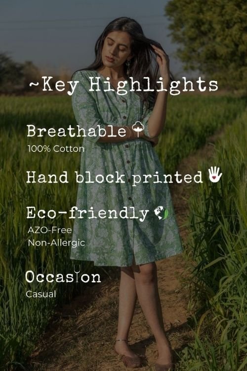 Sootisyahi 'Sea Sage' Azofree Handblock Printed Pure Cotton Dress - SootiSyahi