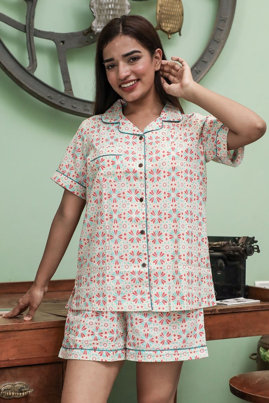 Sootisyahi 'Silky Plateau ' Azofree Handblock Printed Pure Cotton Night Suit - SootiSyahi