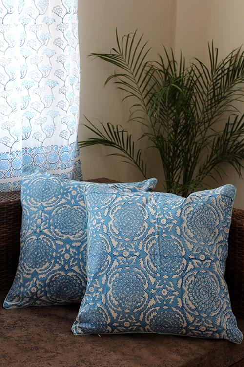 Sootisyahi 'Sky Blossom' Handblock Printed Cotton Cushion Cover Set - SootiSyahi