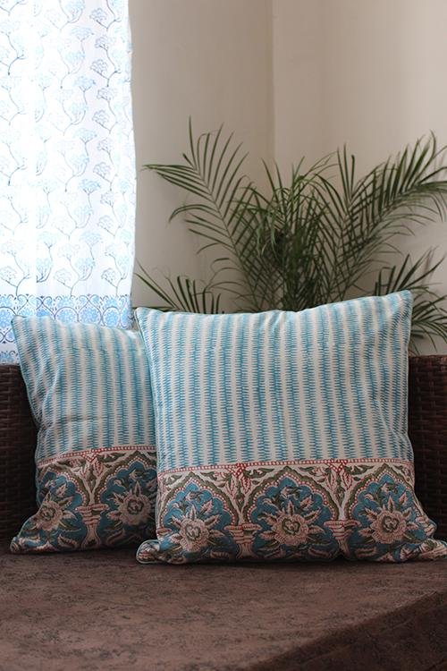 Sootisyahi 'Sky Creeper' Handblock Printed Cotton Cushion Cover Set - SootiSyahi