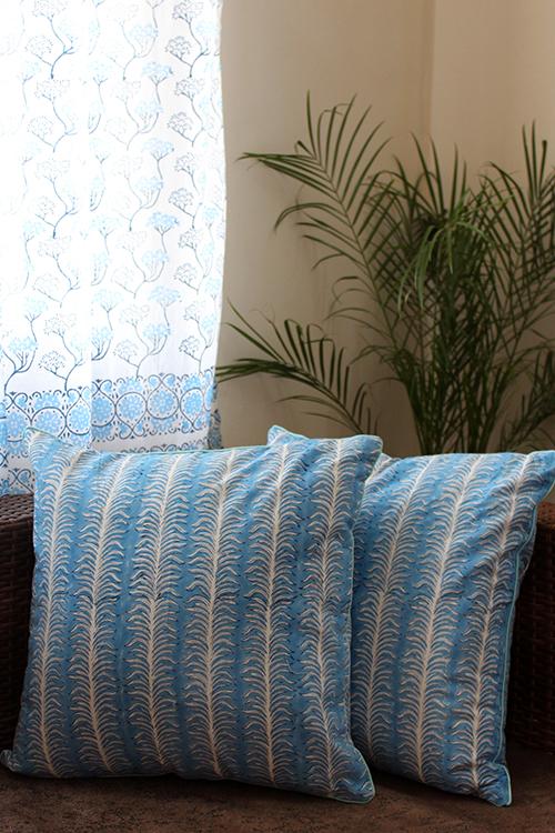 Sootisyahi 'Sky Weed' Handblock Printed Cotton Cushion Cover Set - SootiSyahi