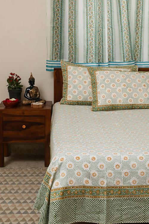 Handblock Printed Cotton Bed Sheets Online SootiSyahi Sparkling Yellow