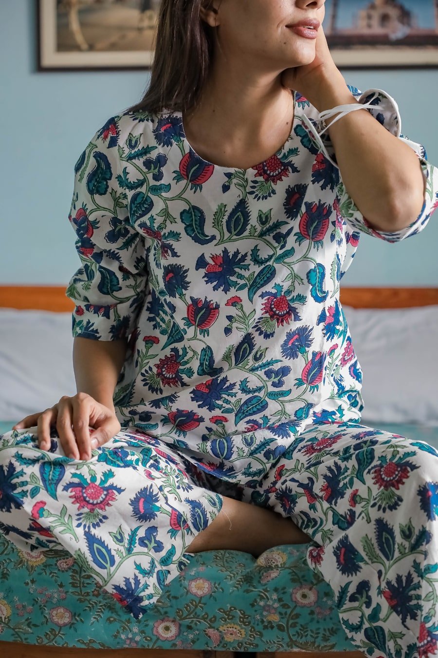 Sootisyahi 'Spring Whisper ' Azofree Handblock Printed Pure Cotton Night Suit - SootiSyahi