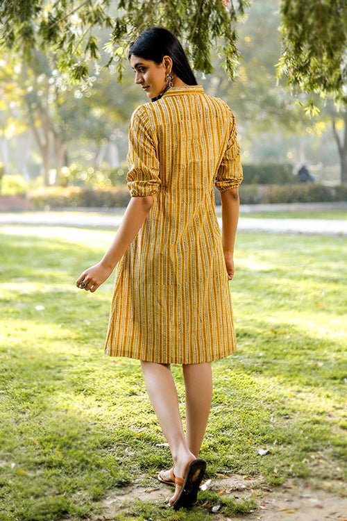 Sootisyahi 'Stripe-n-Stairs' Azofree Handblock Printed Pure Cotton Dress - SootiSyahi