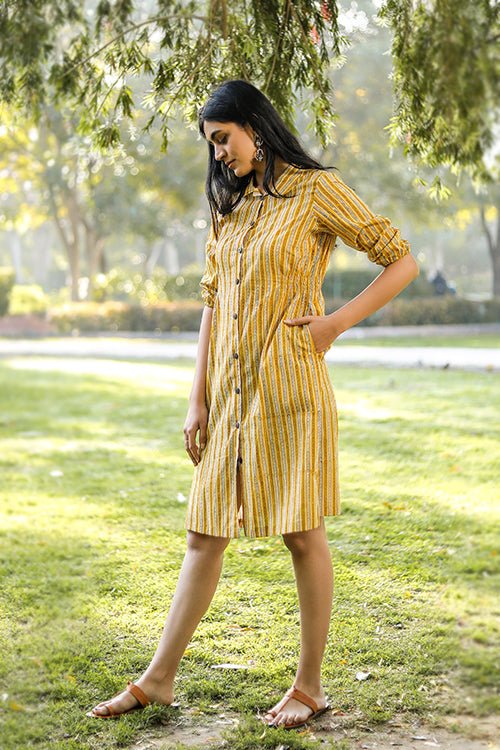 Sootisyahi 'Stripe-n-Stairs' Azofree Handblock Printed Pure Cotton Dress - SootiSyahi