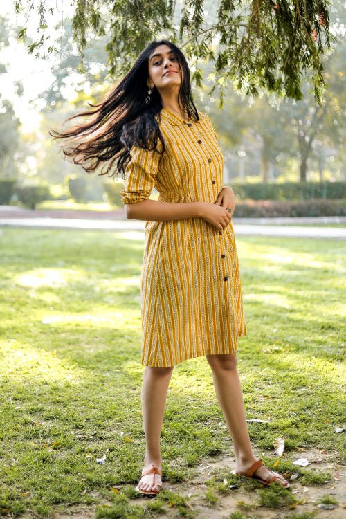 Sootisyahi 'Stripe-n-Stairs' Azofree Handblock Printed Pure Cotton Dress - SootiSyahi