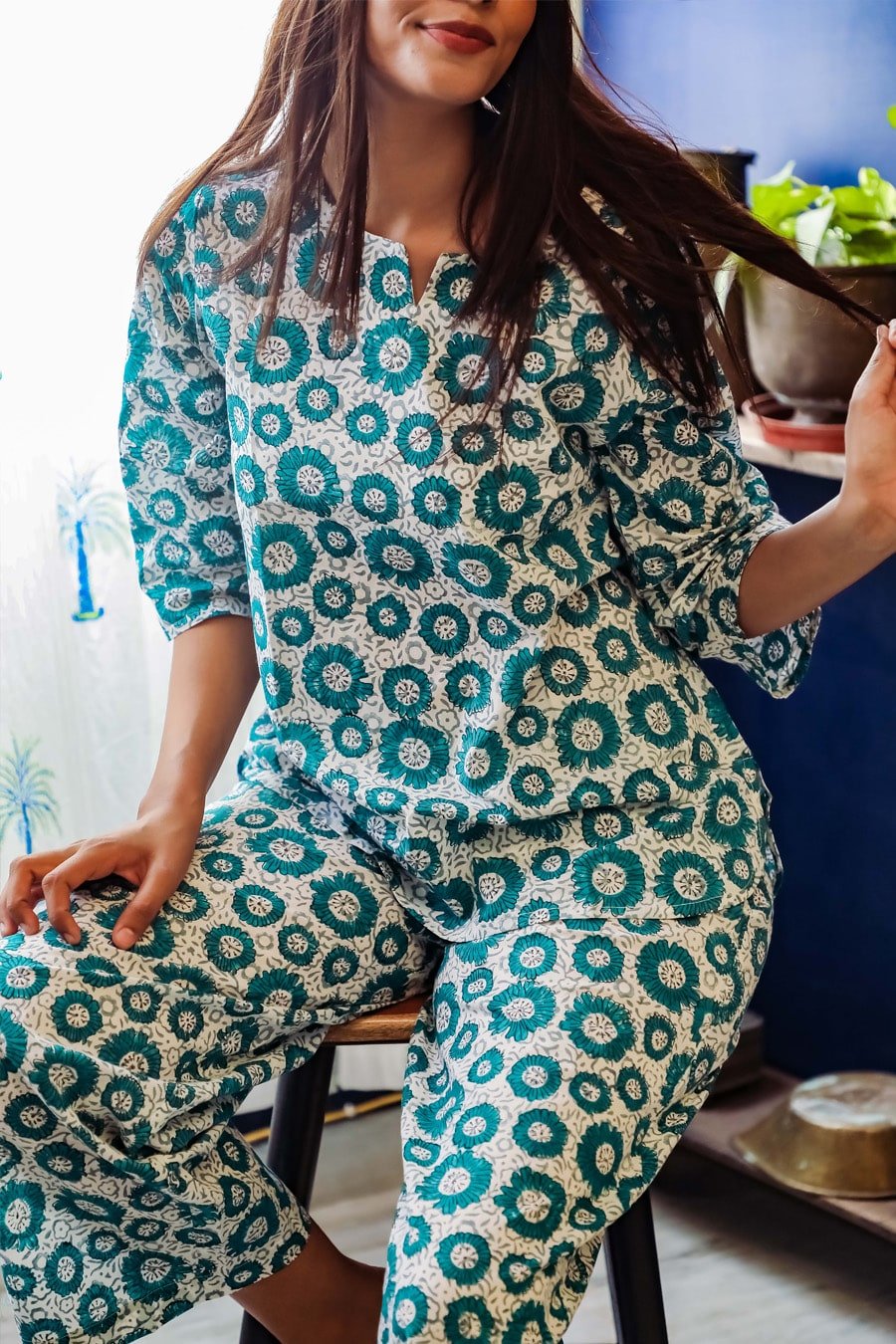 Sootisyahi 'Summer Glory ' Azofree Handblock Printed Pure Cotton Night Suit - SootiSyahi