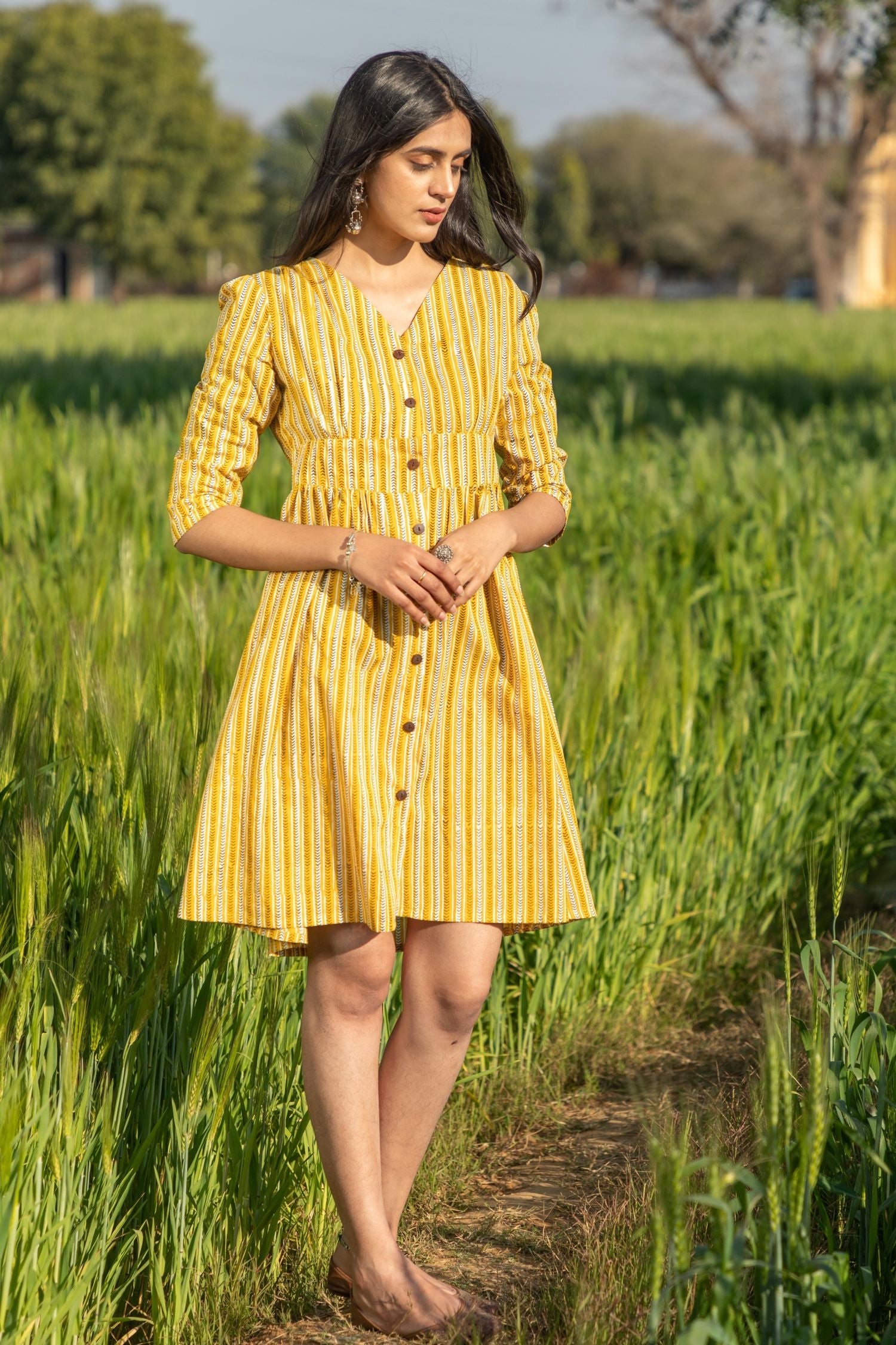 Sootisyahi 'Sunny Stripes' Azofree Handblock Printed Pure Cotton Dress - SootiSyahi